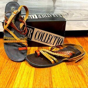 The Leather Collection Brown & Multi Color Braid Strap Lea Loop Sandals 8.5